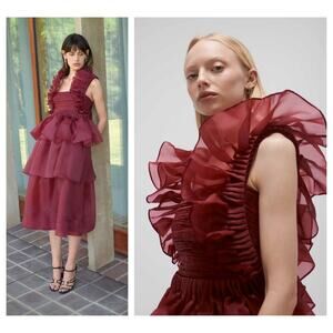 Aje Asra Pleated Frill Midi Dress Size AU/10, US/6